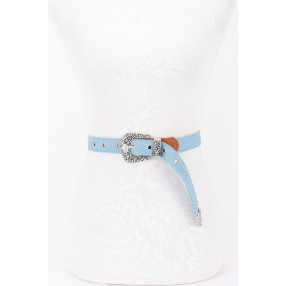 Denim Western Belt Women One Size‎ Light Blue Engraved Buckle